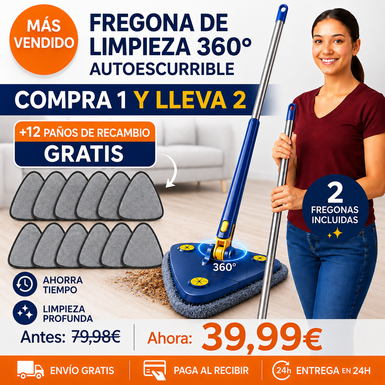 [COMPRA 1 Y LLEVA 2] SuperMop® - Fregona 360º Autoescurrible + 12 Paños de Recambio