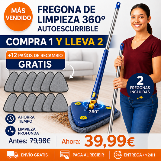 [COMPRA 1 Y LLEVA 2] SuperMop® - Fregona 360º Autoescurrible + 12 Paños de Recambio
